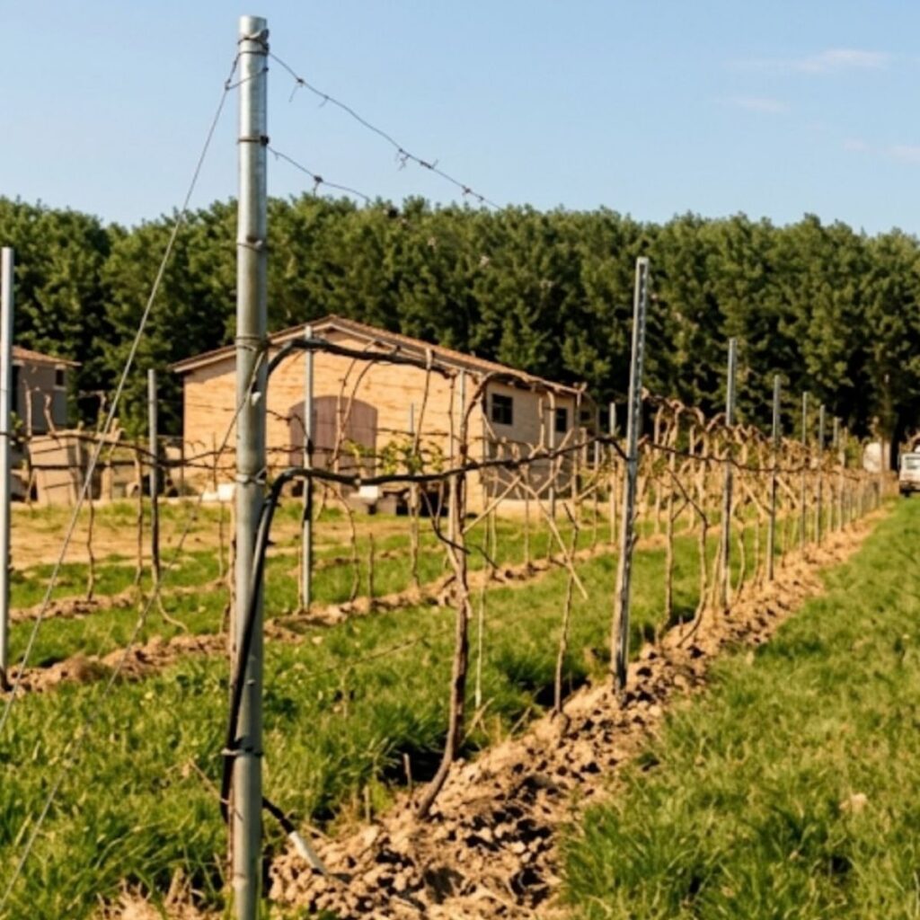 Vista prospettica dei filari di vite potati in primavera con un casolare in pietra e alberi sullo sfondo.